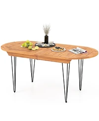 Gymax 71 Patio Dining Table 6 Person Large Oval Table Teak Wood Tabletop