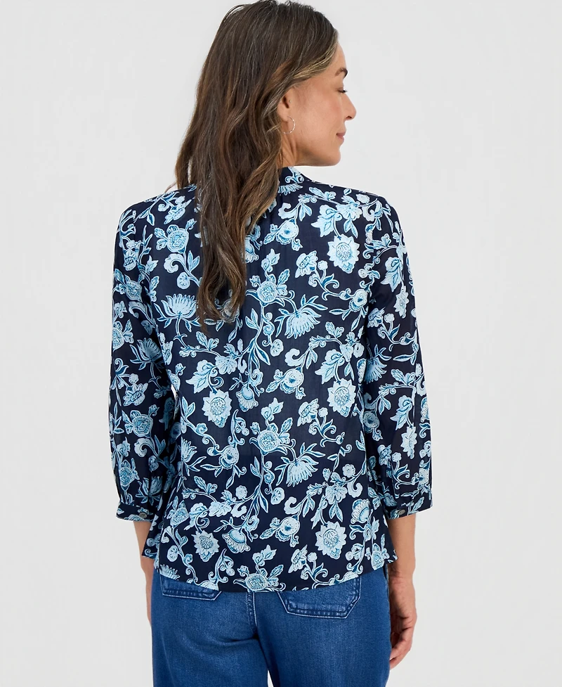 Style & Co Petite Cotton Printed Band-Collar Blouse, Macy's Exclusive