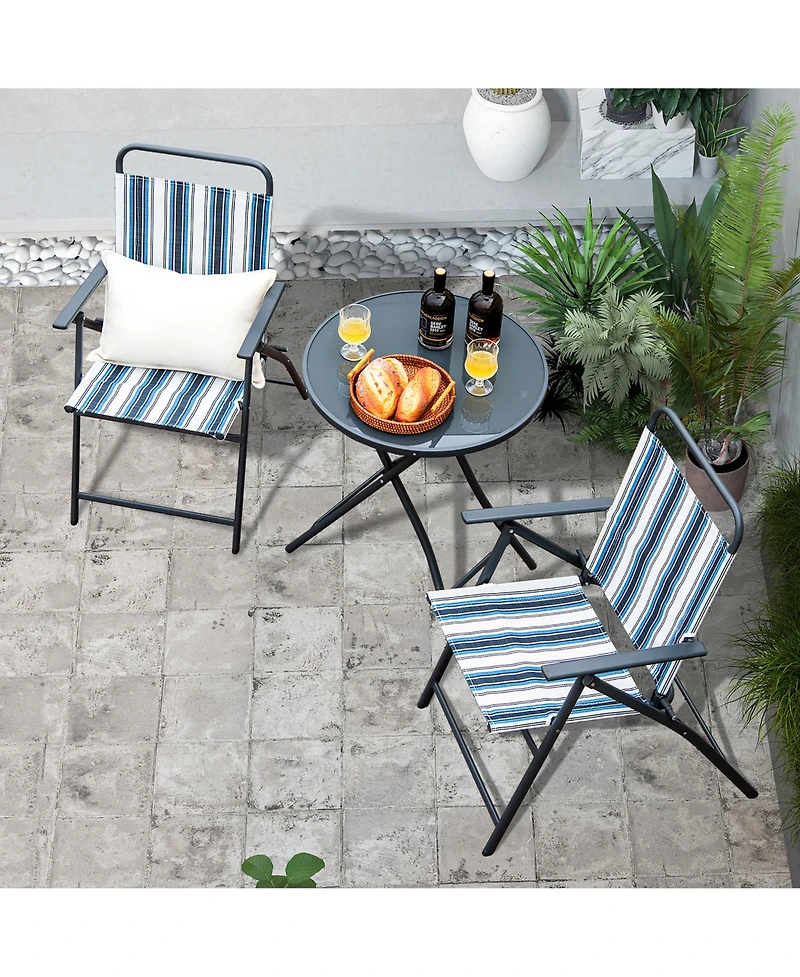 Gymax 3 Pieces Patio Folding Chair Set w/ 2 Chairs and Glass Round Coffee Table Porch Deck Backyard