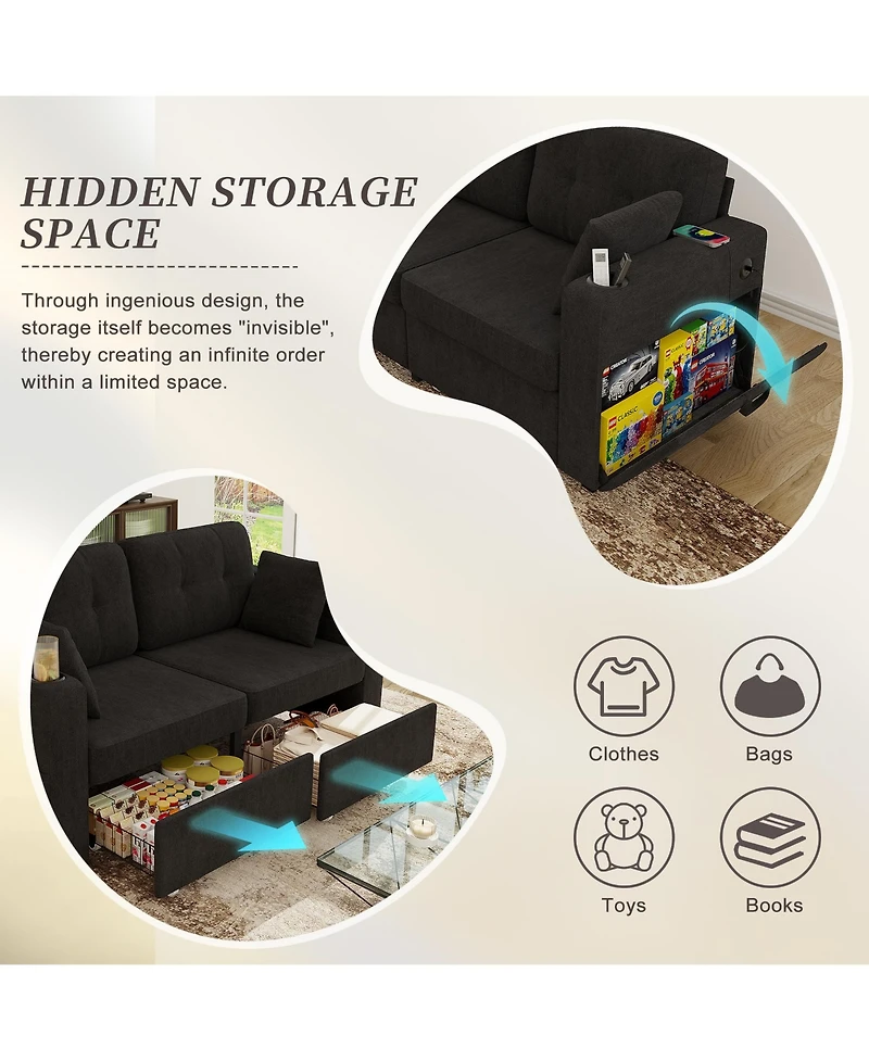 Rainsken Modern 2-Seater Chenille Couch, 67 Inch Loveseat Sofa with Usb Ports, Cup Holders, Storage and Solid Wood Frame for Living Room