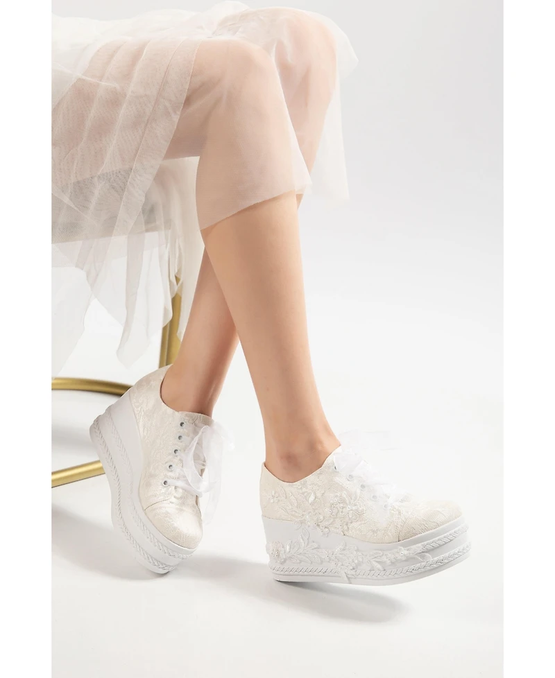 Forever & Always Shoes Women's Valencia Lace Platform Bridal Sneaker