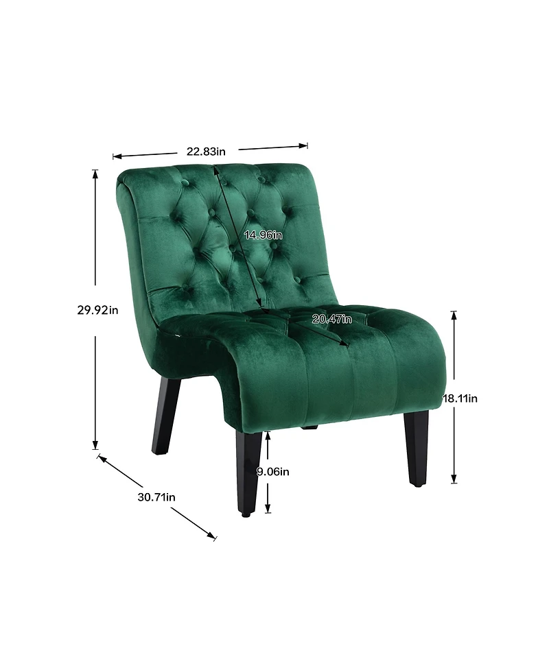 Rainsken Modern Velvet Accent Chair, Upholstered Fabric Button Reading Chaise with Tufted Back, Wooden Legs, Rolled Edge Design for Living Room