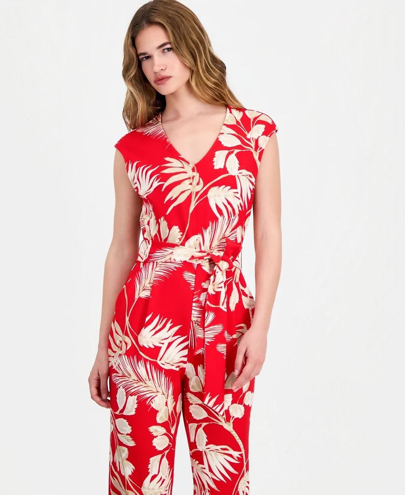 Anne Klein Essentials Petite Printed V-Neck Tie-Waist Jumpsuit