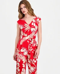 Anne Klein Essentials Petite Printed V-Neck Tie-Waist Jumpsuit