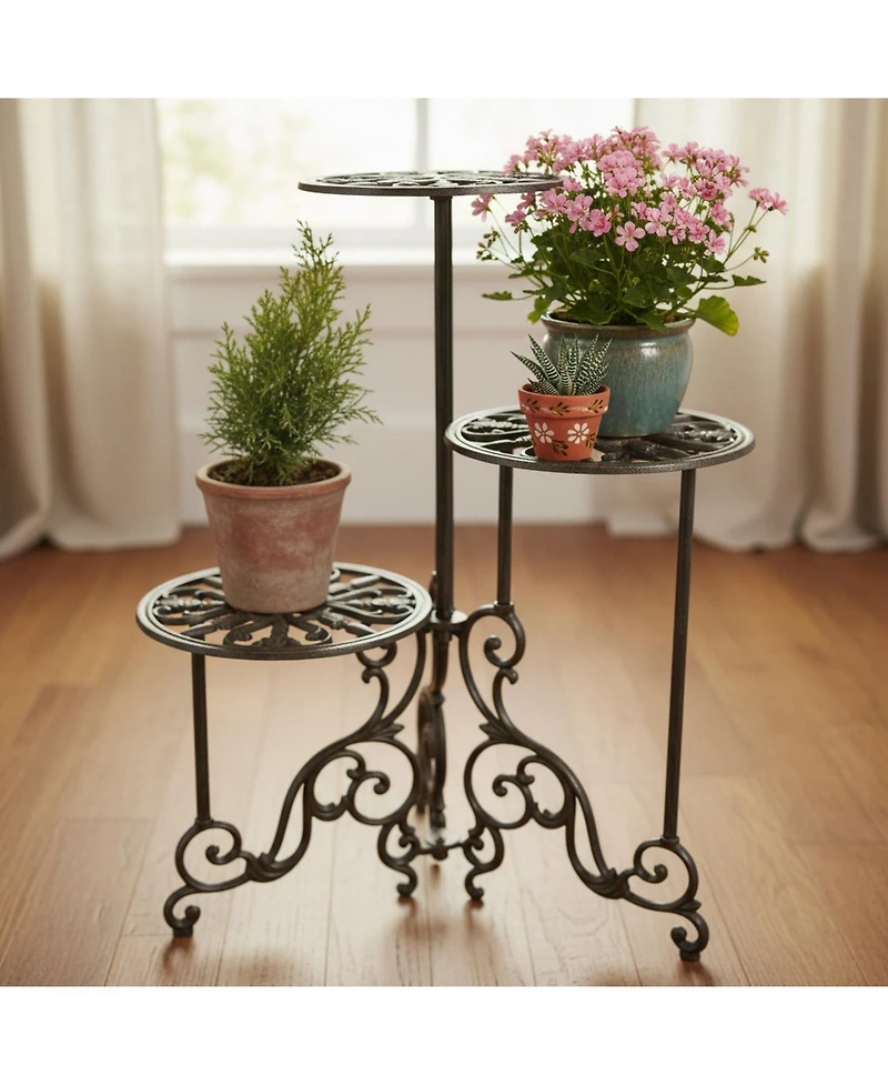 Yigii 3 Tier Cast Iron Plant Stand Foldable Rustic Metal Shelf 24in Tall Indoor Outdoor Flower Pot Holder Display Rack