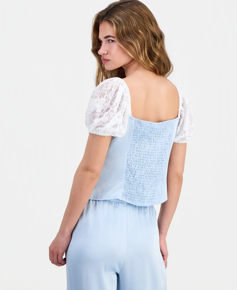 And Now This Petite Satin Lace Puff-Sleeve Top, Macy's Exclusive