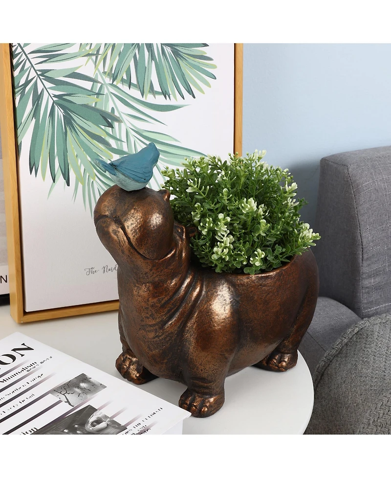 LuxenHome Brown Hippo and Blue Bird MgO Flower Pot Planter