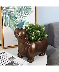 LuxenHome Brown Hippo and Blue Bird MgO Flower Pot Planter