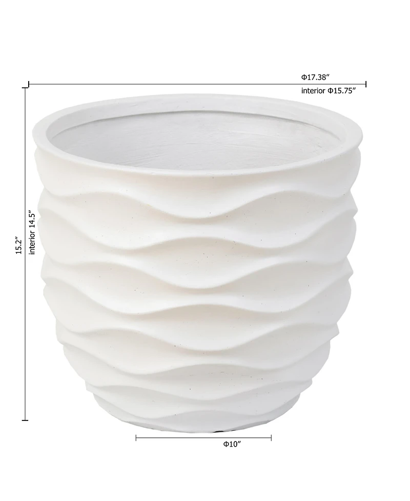 LuxenHome 17.4-Inch Round Waves MgO Planter, White