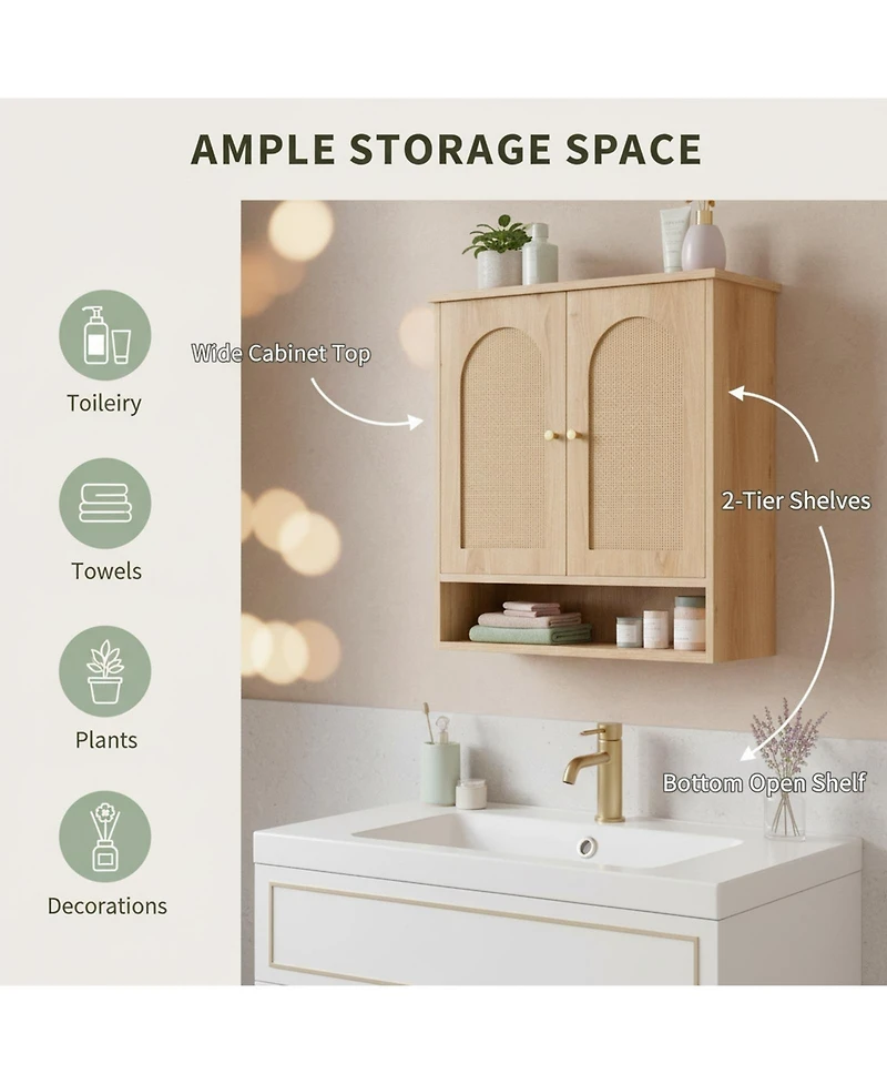 Yigii Bathroom Wall Cabinet with 2 Rattan Doors Open Shelf Heavy Duty Storage for Kitchen Living Room Entryway
