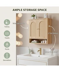 Yigii Bathroom Wall Cabinet with 2 Rattan Doors Open Shelf Heavy Duty Storage for Kitchen Living Room Entryway