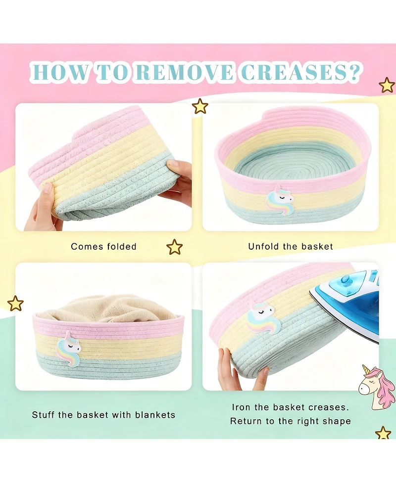 Yigii 3 Pastel Rainbow Unicorn Woven Rope Storage Baskets