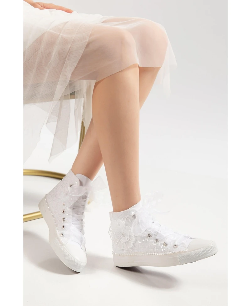 Forever & Always Shoes Women's Mariselle Pearl Lace Bridal High Top Sneaker
