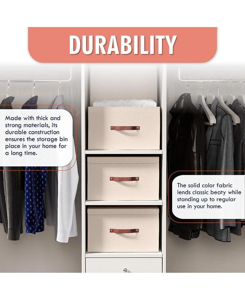 Ornavo Home Pack Foldable Linen Storage Bin with Faux Leather Handles and Lid