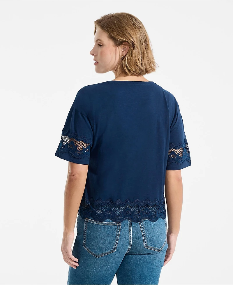 Lands' End Plus Short Sleeve Slub Jersey Cutwork T-Shirt