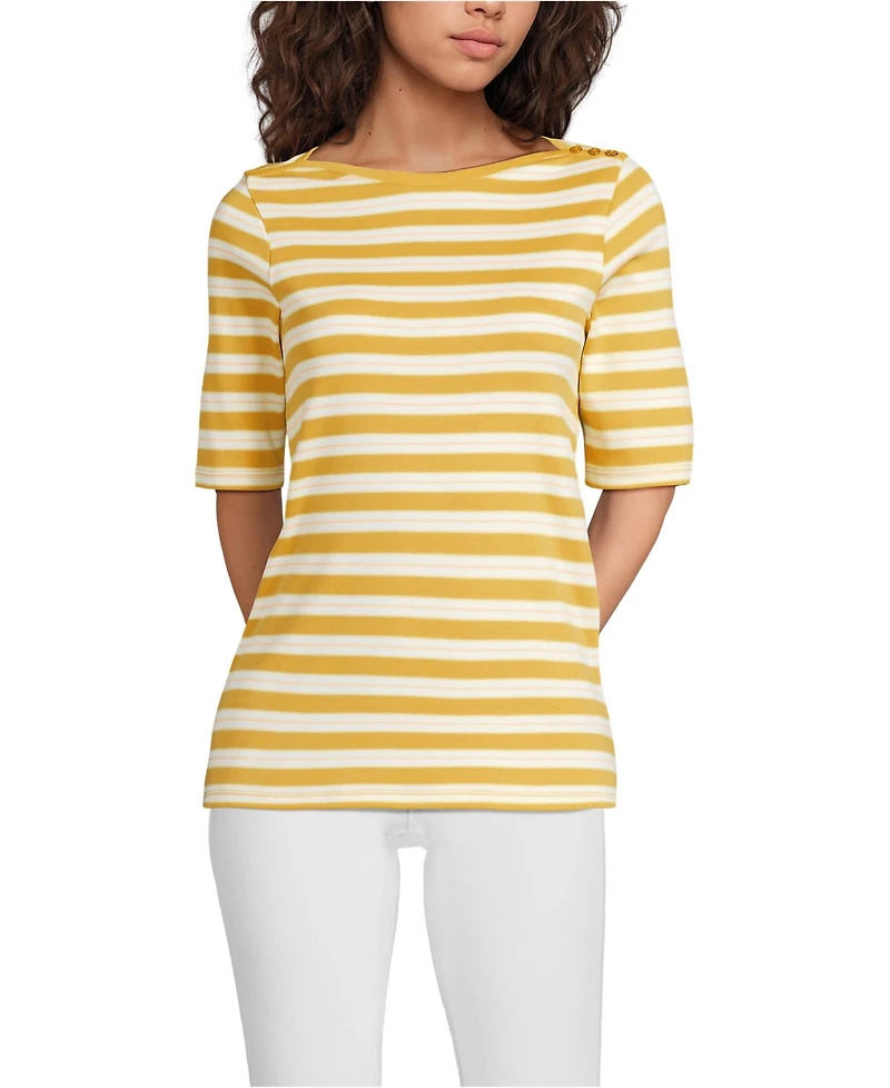 Lands' End Women's Supima Cotton Elbow Sleeve Boatneck Button Shoulder Tee
