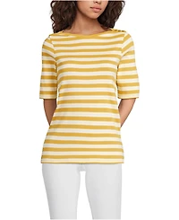 Lands' End Women's Supima Cotton Elbow Sleeve Boatneck Button Shoulder Tee