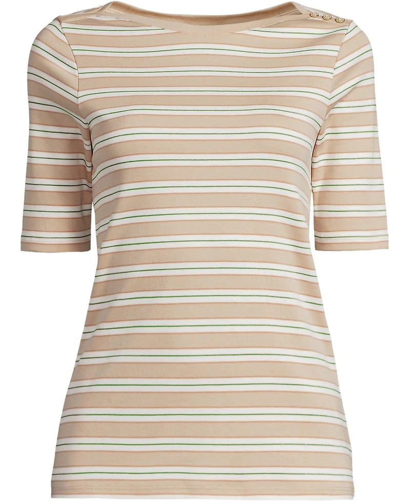 Lands' End Women's Supima Cotton Elbow Sleeve Boatneck Button Shoulder Tee