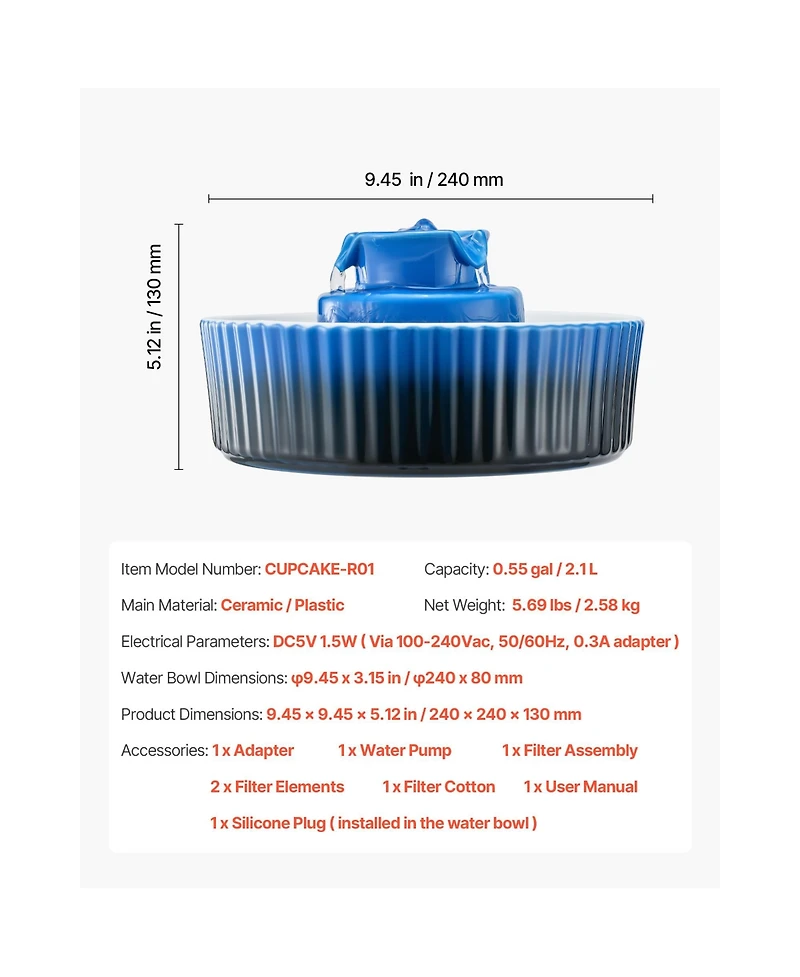 Zeus and Ruta Ceramic Cat Water Fountain 2.1L Cupcake Pet Drinking Fountain For Cats and Dogs