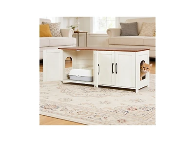 Zeus and Ruta Wooden Cat Litter Box Enclosure Cabinet With 4 Doors And 2 Entries Multi Cat Furniture