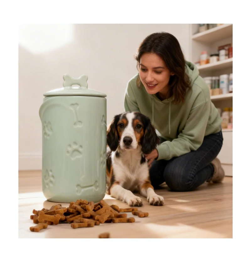 Aronkl Ceramic Pet Treat Jar Airtight Large Food Storage Farmhouse Style with Lid