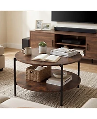 Slickblue 2-Tier Industrial Round Coffee Table, Accent Table with Open Storage Shelf-Rustic