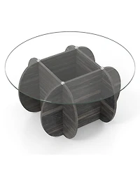 Slickblue Round Coffee Table Tempered Glass Wood Base