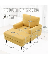 Rainsken Comfortable Chenille Chaise Lounge Chair, Oversized Leisure Recliner Single Sofa with Wood Legs and Side Storage Pockets for Home Use