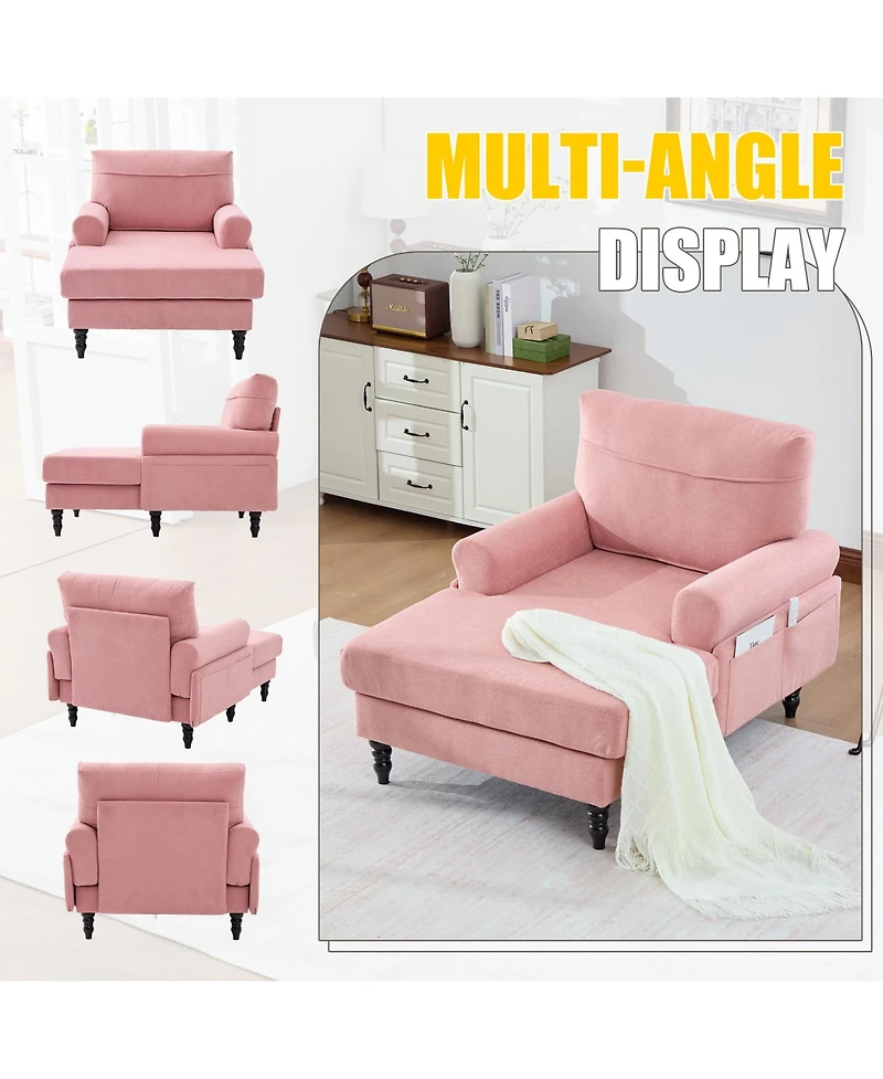 Rainsken Large Chenille Leisure Recliner Chaise Lounge, Stylish Single Sofa Chair with Wooden Legs and Side Pockets for Living Room, Bedroom