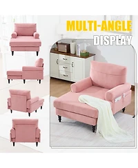 Rainsken Large Chenille Leisure Recliner Chaise Lounge, Stylish Single Sofa Chair with Wooden Legs and Side Pockets for Living Room, Bedroom