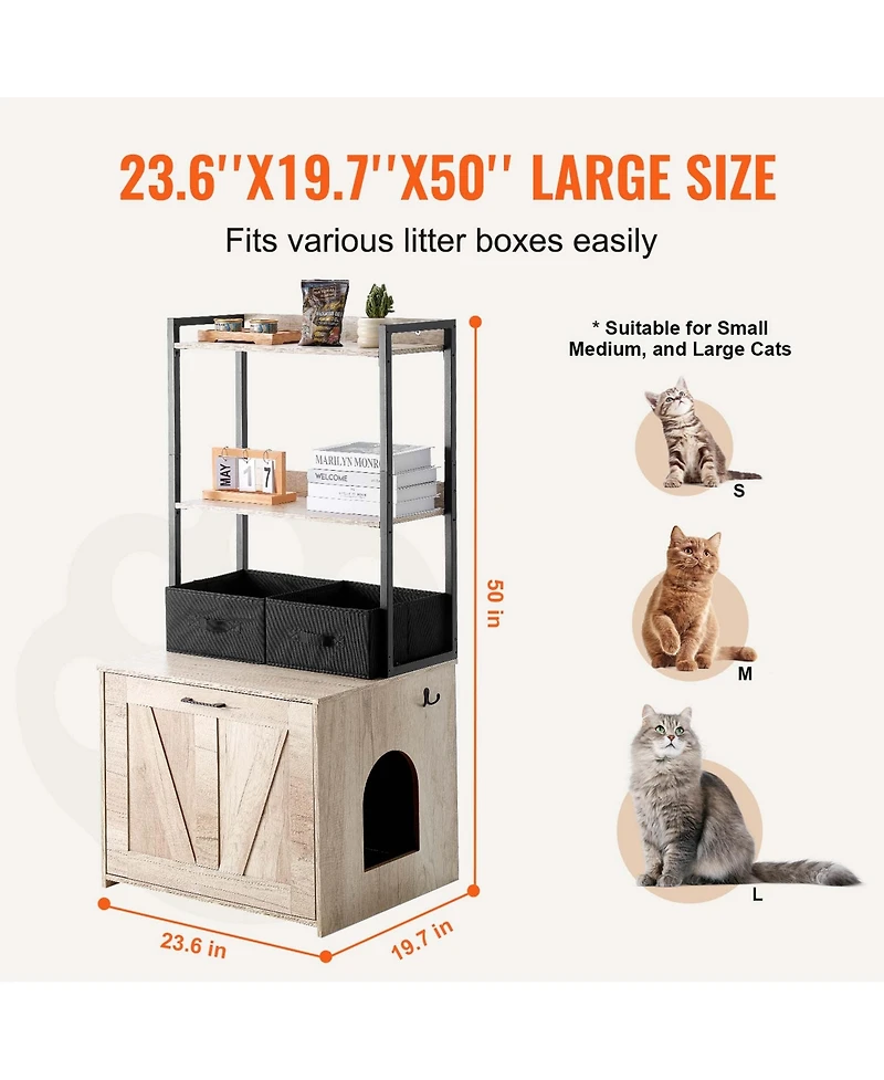 Aostirmotor Cat Litter Box Enclosure Furniture Hidden with 2 Shelves and 2 Baskets, Indoor Litter Box Cabinet