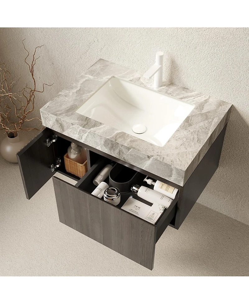 Sillysis Italian Wall Mounted Bathroom Vanity with Sintered Stone Top, Ceramic Undermount Sink, Soft Close Drawer Storage