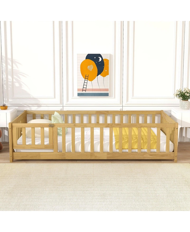 Clihome Twin Size Floor Bed with Fence and Door,Rubber Wood Floor Bed with Safety Guardrails