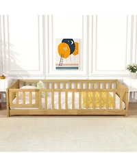 Clihome Twin Size Floor Bed with Fence and Door,Rubber Wood Floor Bed with Safety Guardrails