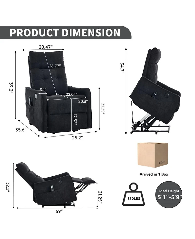 Maison Boucle Chenille Power Lift Recliner Chair for Elderly with Massage, Heat & Usb, Single Motor Electric Seniors