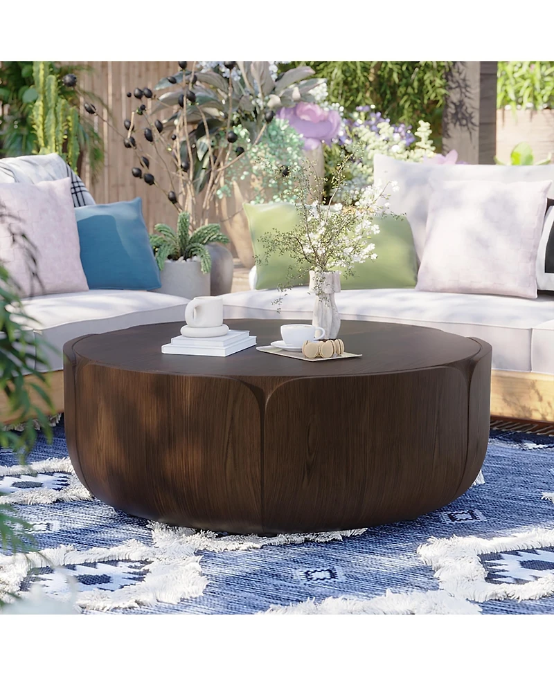 Clihome Outdoor Indoor Coffee Table, Modern Wood Grain Drum Center Table,Backyard, Living Room