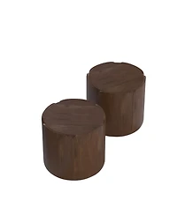 Clihome Round Outdoor Indoor Side Table Set, Modern Wood Grain Patio Garden Stool Set,for Patio, Garden, Backyard, Living Room,Set of 2