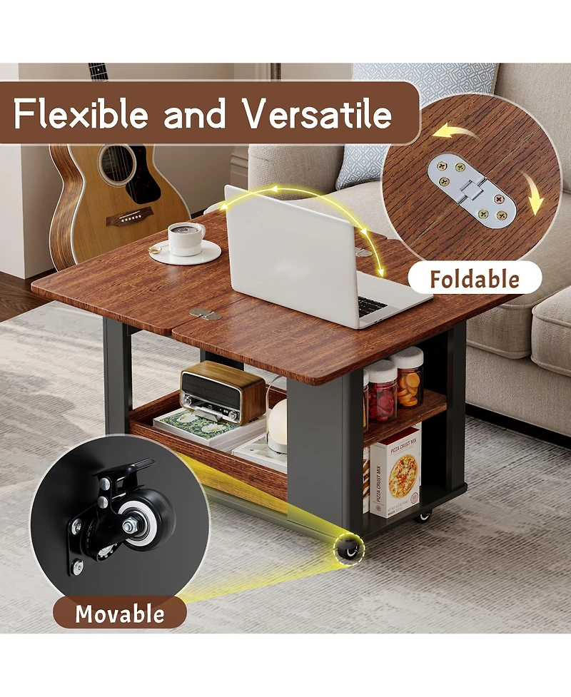 Rainsken Modern Coffee Table, Multi-Tier Storage Side Table with Foldable Top and Casters, Center Table for Living Room