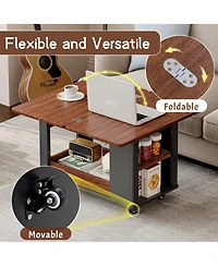 Rainsken Modern Coffee Table, Multi-Tier Storage Side Table with Foldable Top and Casters, Center Table for Living Room