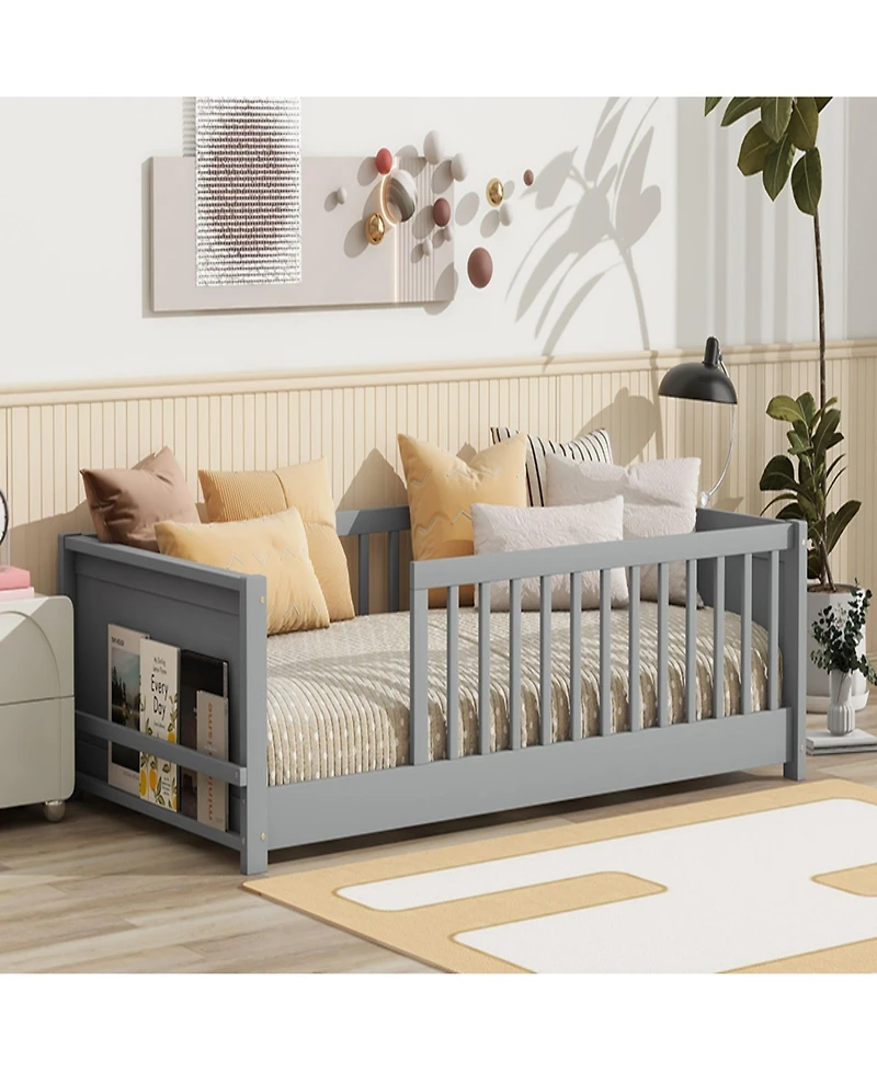 Clihome Twin Floor Platform Bed with Built-in Book Rack