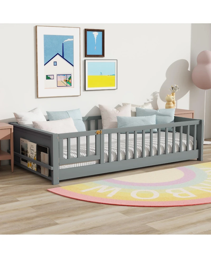 Clihome Twin Floor Bed with Built-in Book Rack and Door