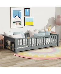 Clihome Twin Floor Bed with Built-in Book Rack and Door