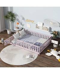Clihome Full Floor Bed with Fence and Door,Rubber Wood Safety Guardrails