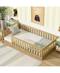 Clihome Twin Size Floor Bed with Fence without Door, Rubber Wood Floor Bed with Safety Guardrails