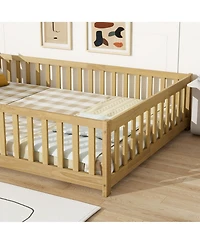 Clihome Full Size Floor Bed with Fence and Door,Rubber Wood Floor Bed with Safety Guardrails