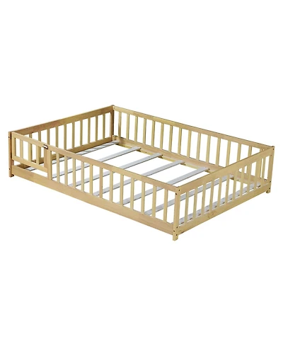Clihome Full Size Floor Bed with Fence and Door,Rubber Wood Floor Bed with Safety Guardrails