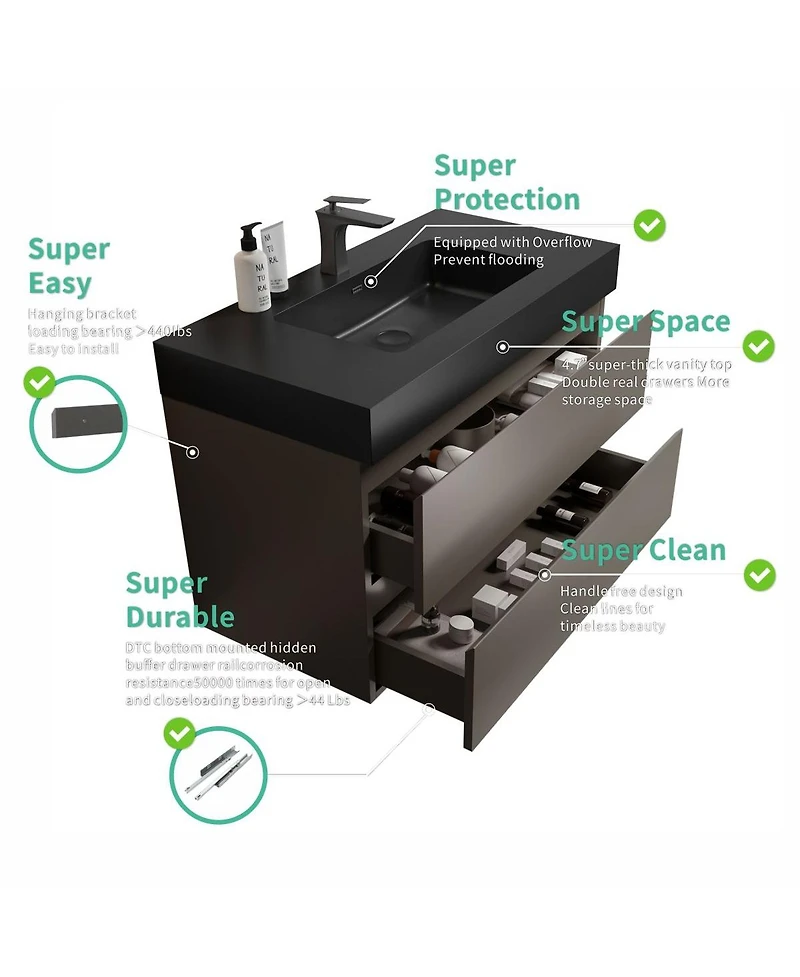 Sillysis Luxury Wall Mounted Bathroom Vanity with Sink, Modern Floating Double Drawer Storage, Matte Basin, Pre-assembled