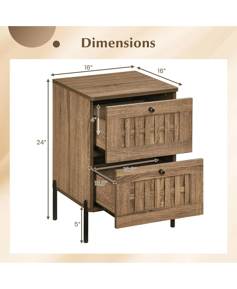 Gymax Nightstand w/2 Woven Storage Drawers Metal Support Legsfor BedroomRustic Oak