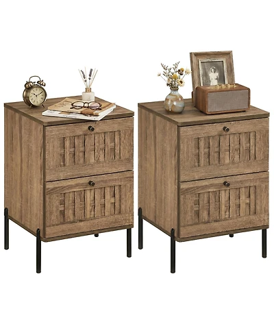 Gymax 2PCS-Nightstand w/2 Woven Storage DrawersMetal Support LegsBedroomRustic Oak