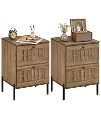 Gymax 2PCS-Nightstand w/2 Woven Storage DrawersMetal Support LegsBedroomRustic Oak